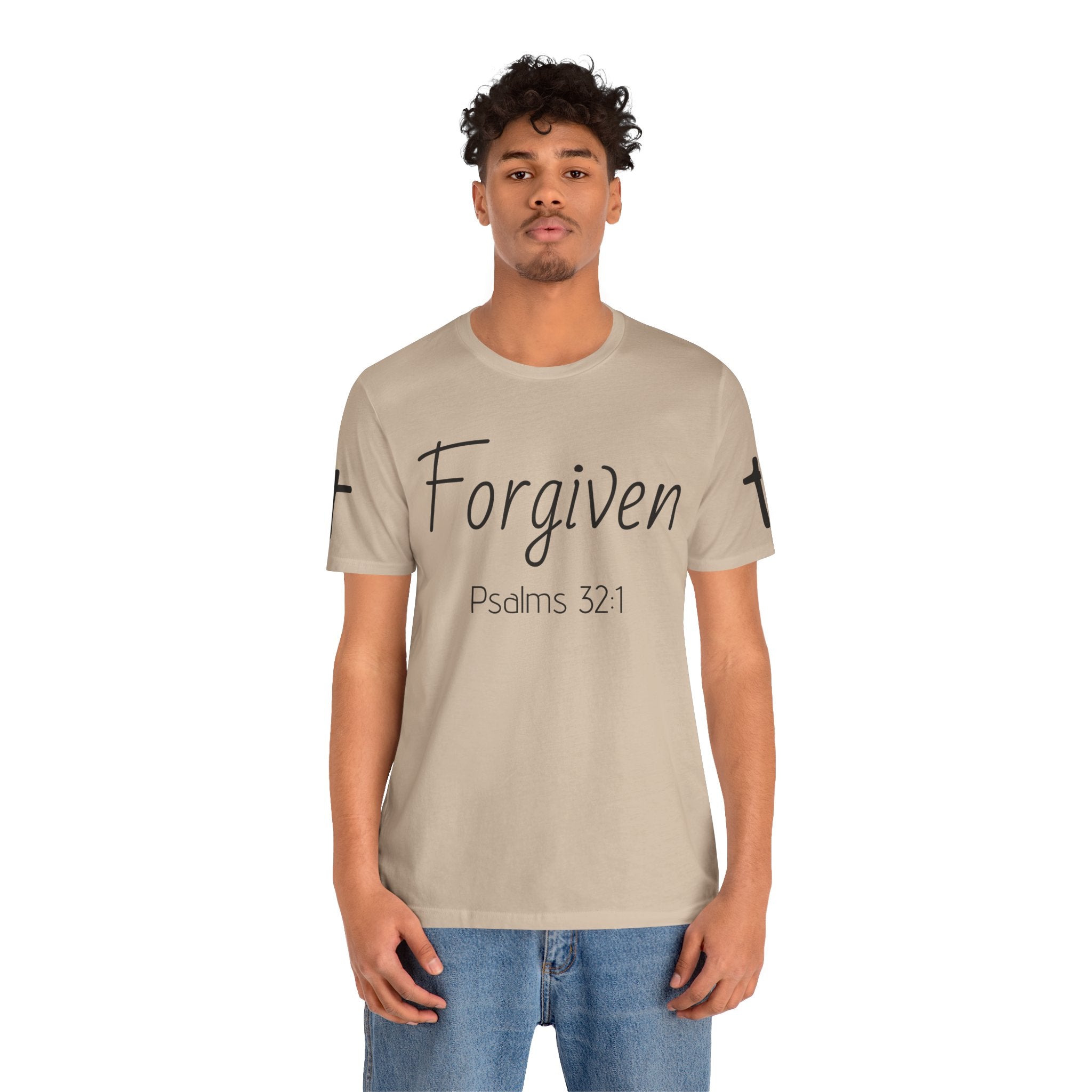 Forgiven Psalms 32:1 Tee | Christian Faith Shirt with Sleeve Cross