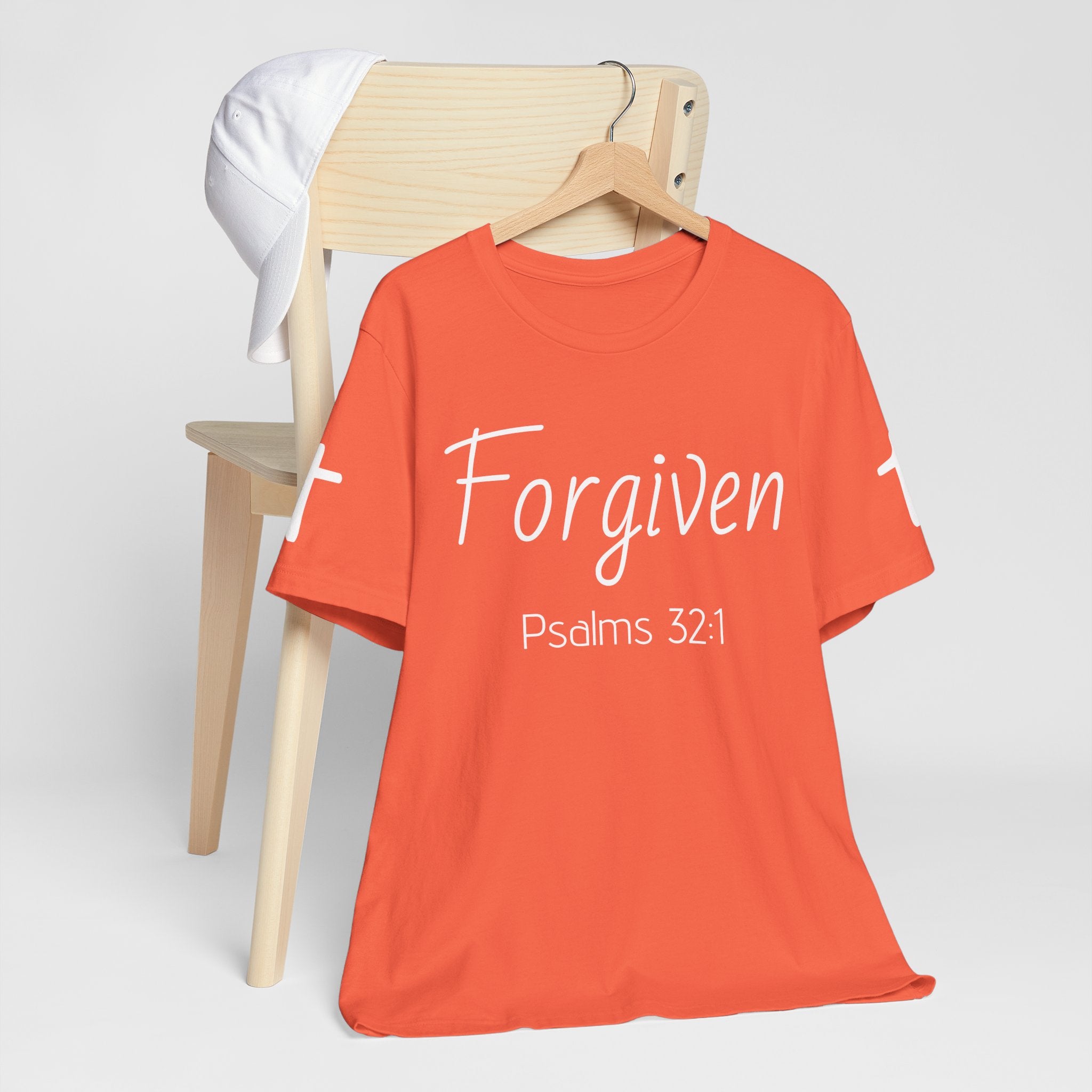 Forgiven Psalms 32:1 Tee | Christian Faith Shirt with Sleeve Cross