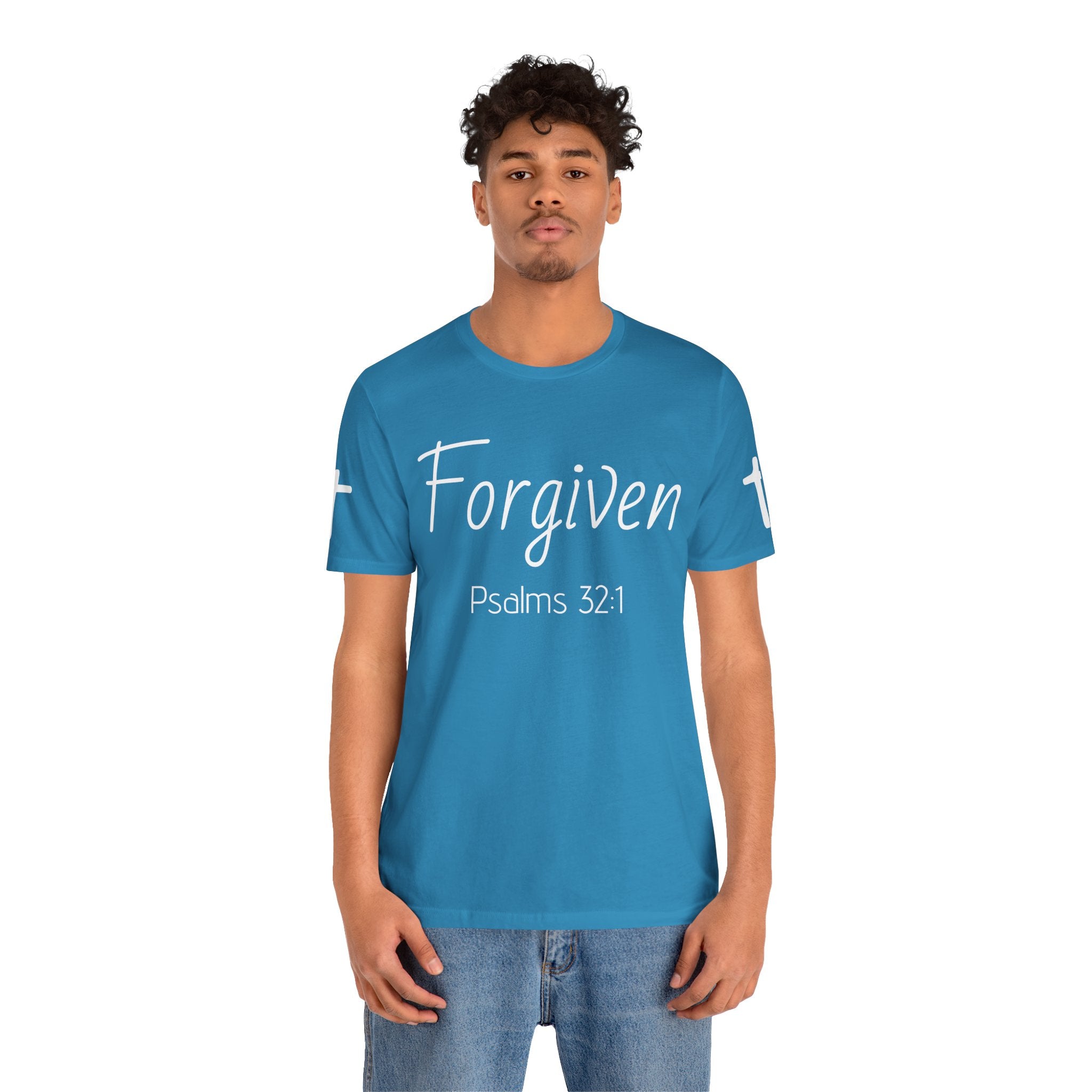 Forgiven Psalms 32:1 Tee | Christian Faith Shirt with Sleeve Cross