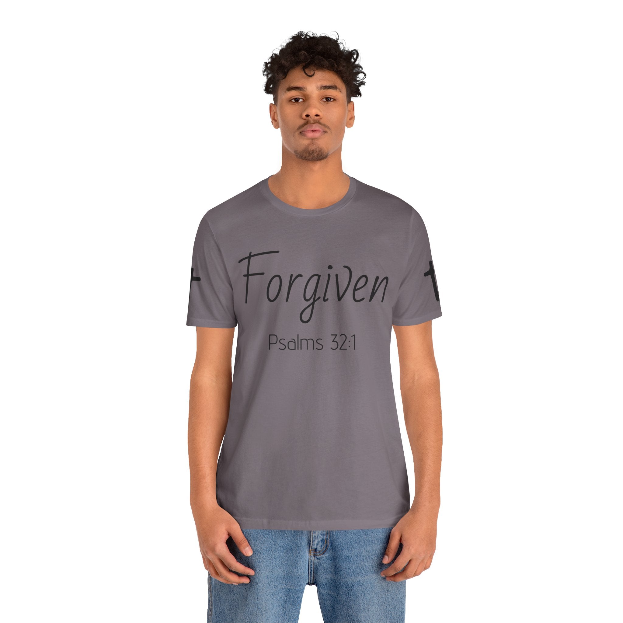 Forgiven Psalms 32:1 Tee | Christian Faith Shirt with Sleeve Cross