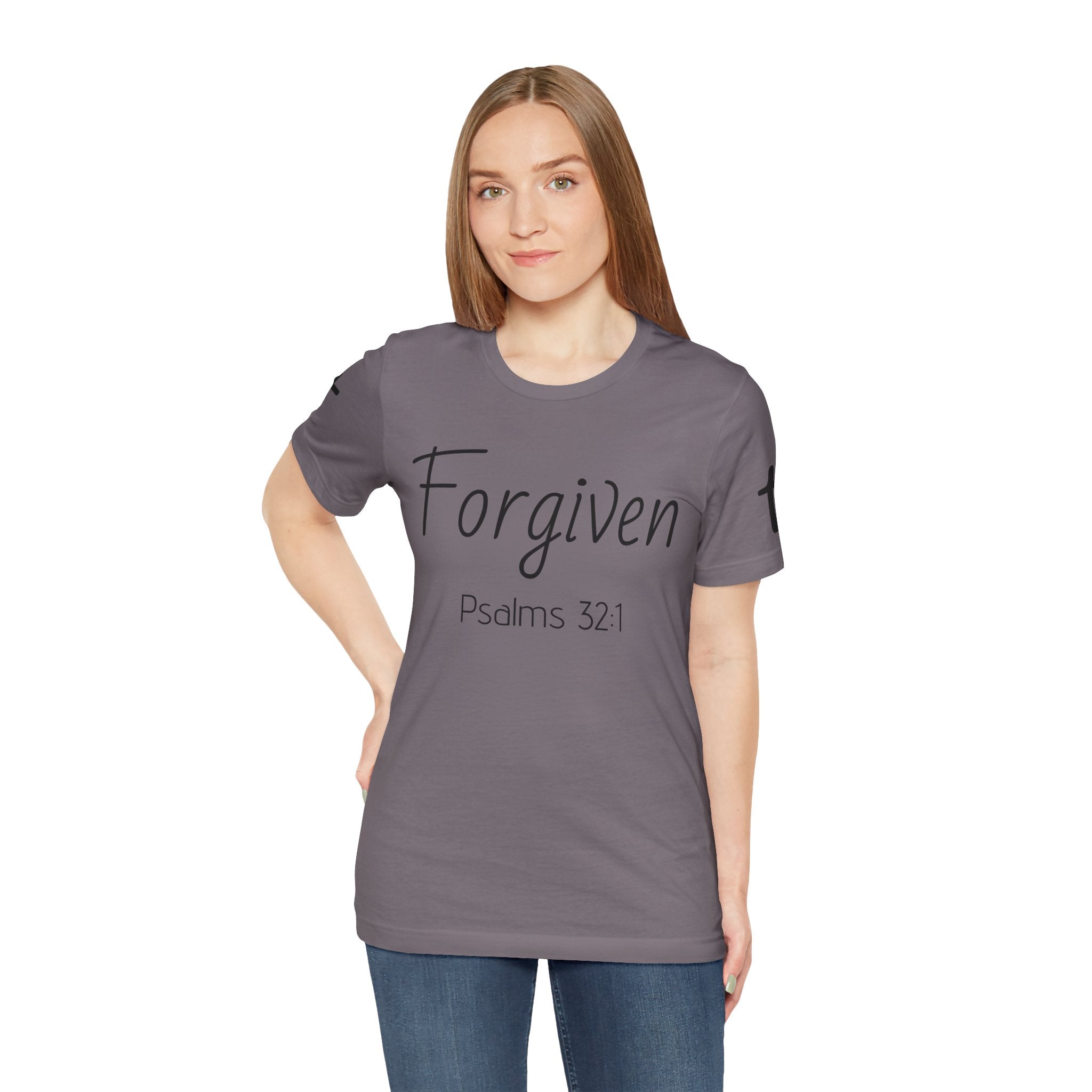 Forgiven Psalms 32:1 Tee | Christian Faith Shirt with Sleeve Cross