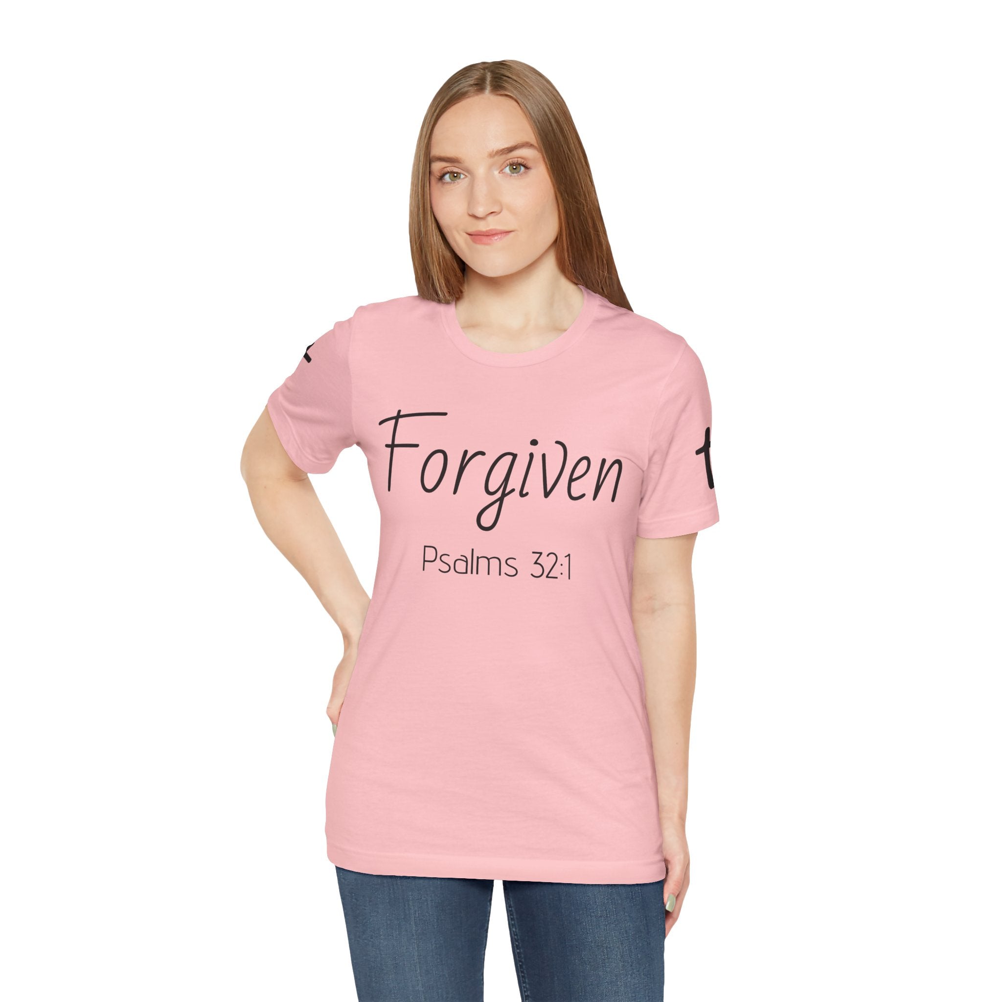 Forgiven Psalms 32:1 Tee | Christian Faith Shirt with Sleeve Cross