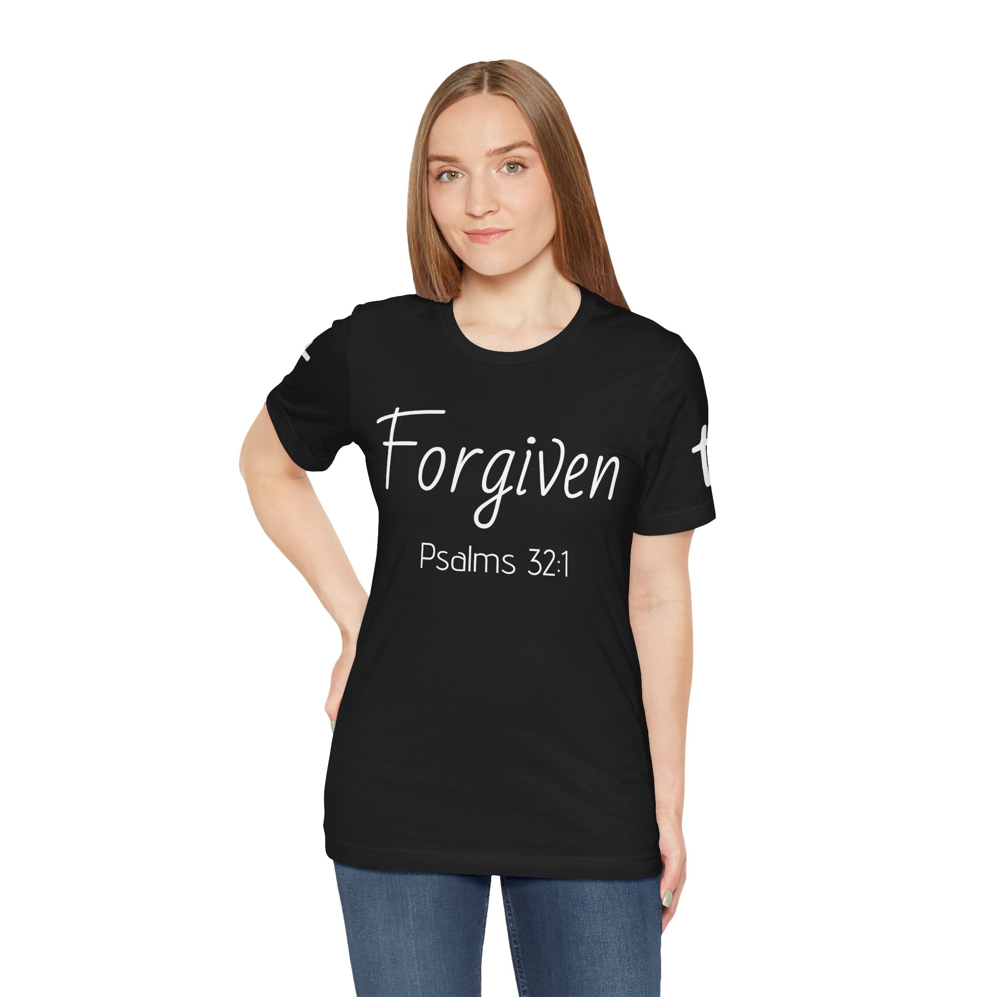 Forgiven Psalms 32:1 Tee | Christian Faith Shirt with Sleeve Cross