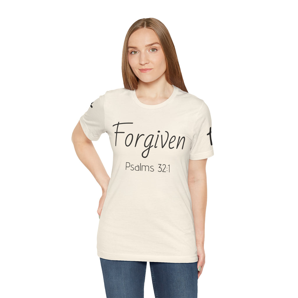 Forgiven Psalms 32:1 Tee | Christian Faith Shirt with Sleeve Cross