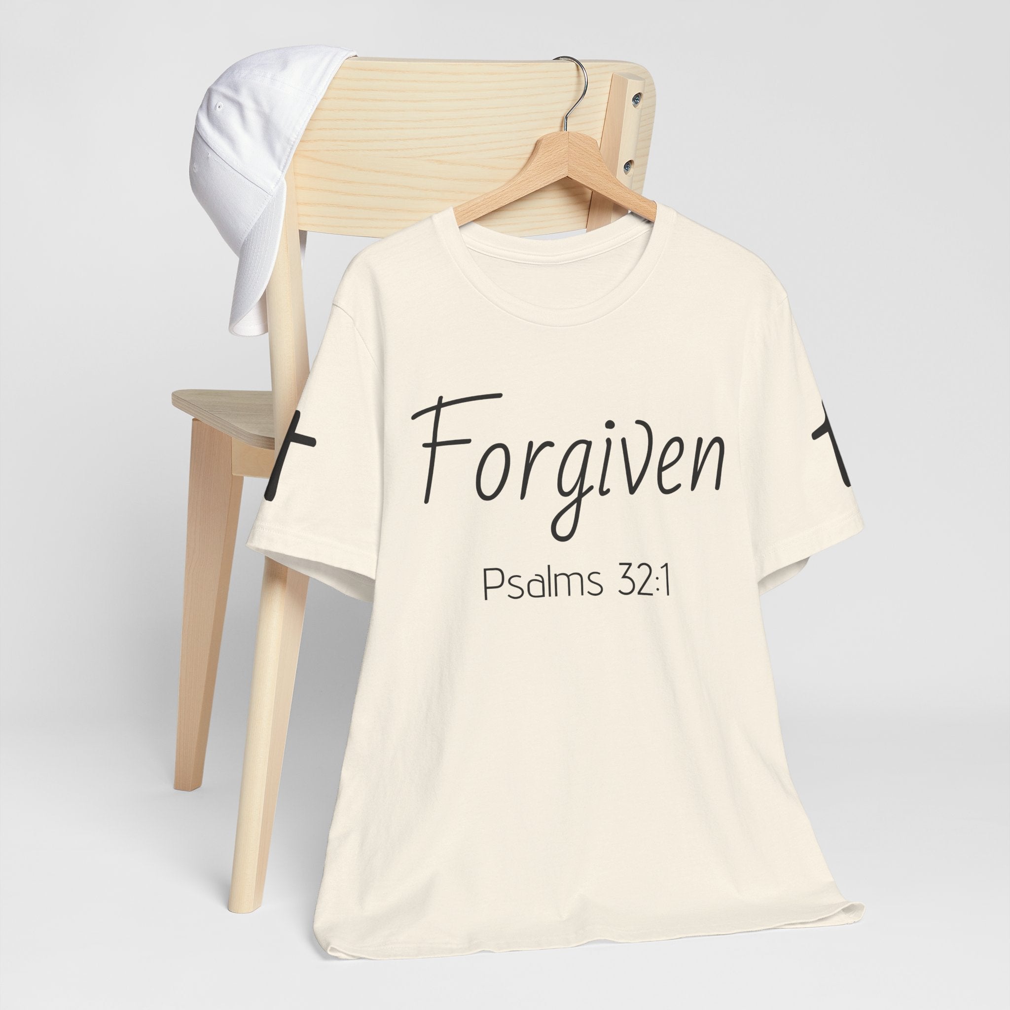Forgiven Psalms 32:1 Tee | Christian Faith Shirt with Sleeve Cross