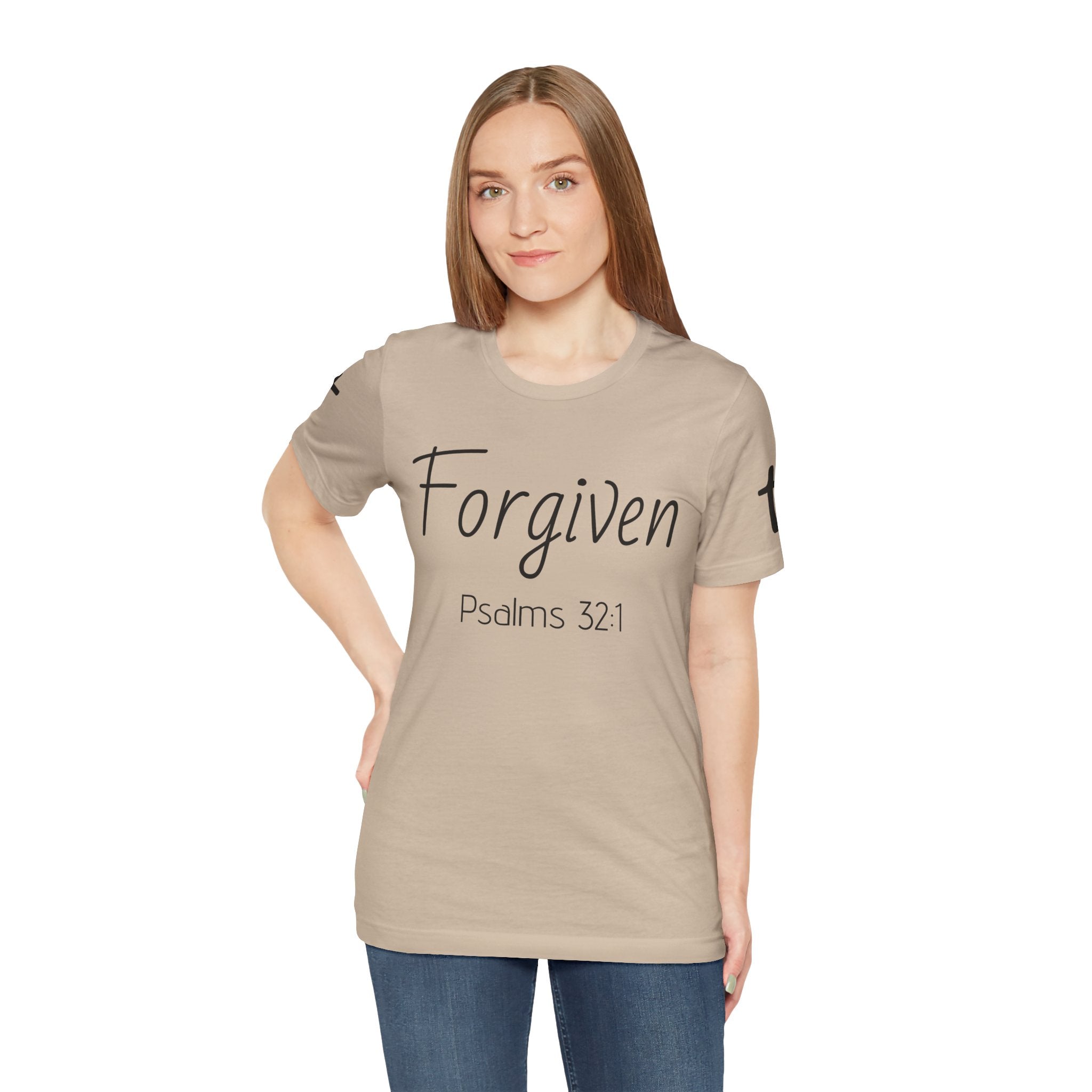 Forgiven Psalms 32:1 Tee | Christian Faith Shirt with Sleeve Cross