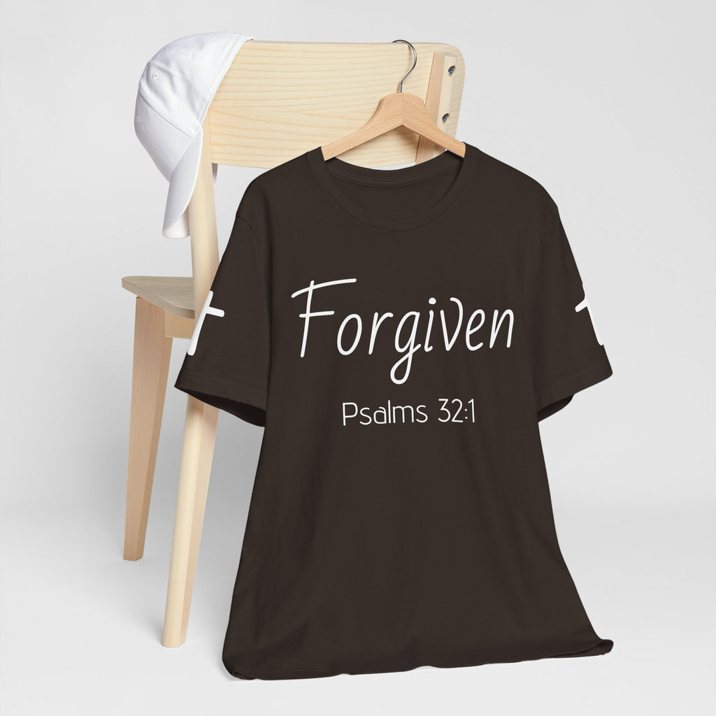 Forgiven Psalms 32:1 Tee | Christian Faith Shirt with Sleeve Cross