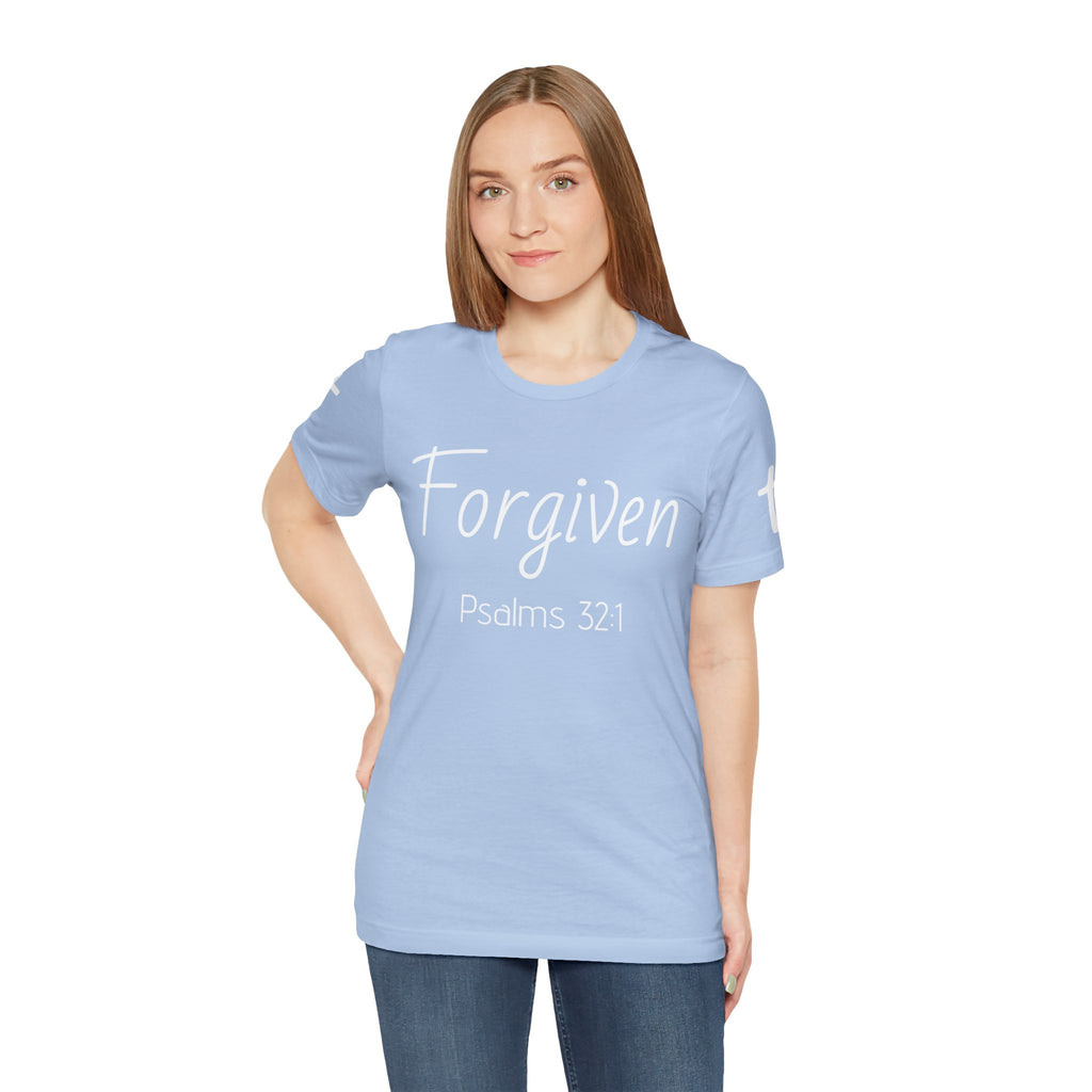Forgiven Psalms 32:1 Tee | Christian Faith Shirt with Sleeve Cross