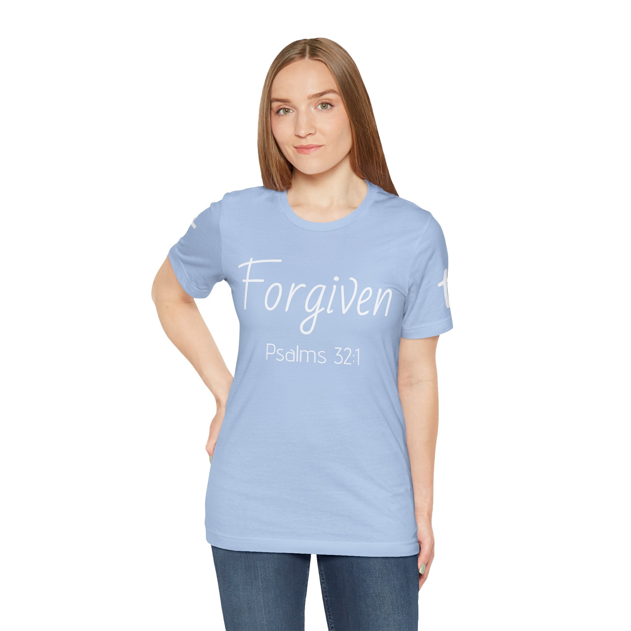 Forgiven Psalms 32:1 Tee | Christian Faith Shirt with Sleeve Cross
