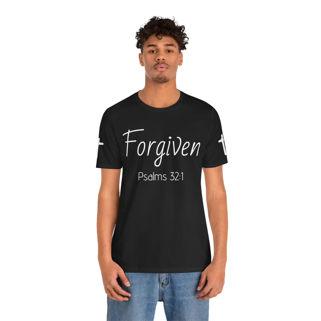 Forgiven Psalms 32:1 Tee | Christian Faith Shirt with Sleeve Cross