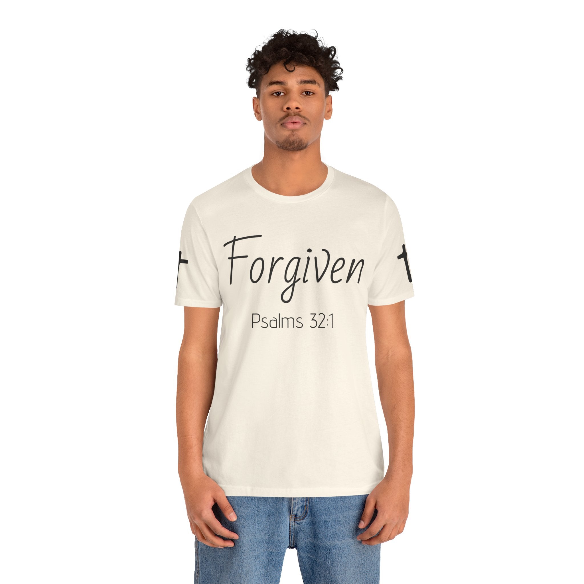 Forgiven Psalms 32:1 Tee | Christian Faith Shirt with Sleeve Cross