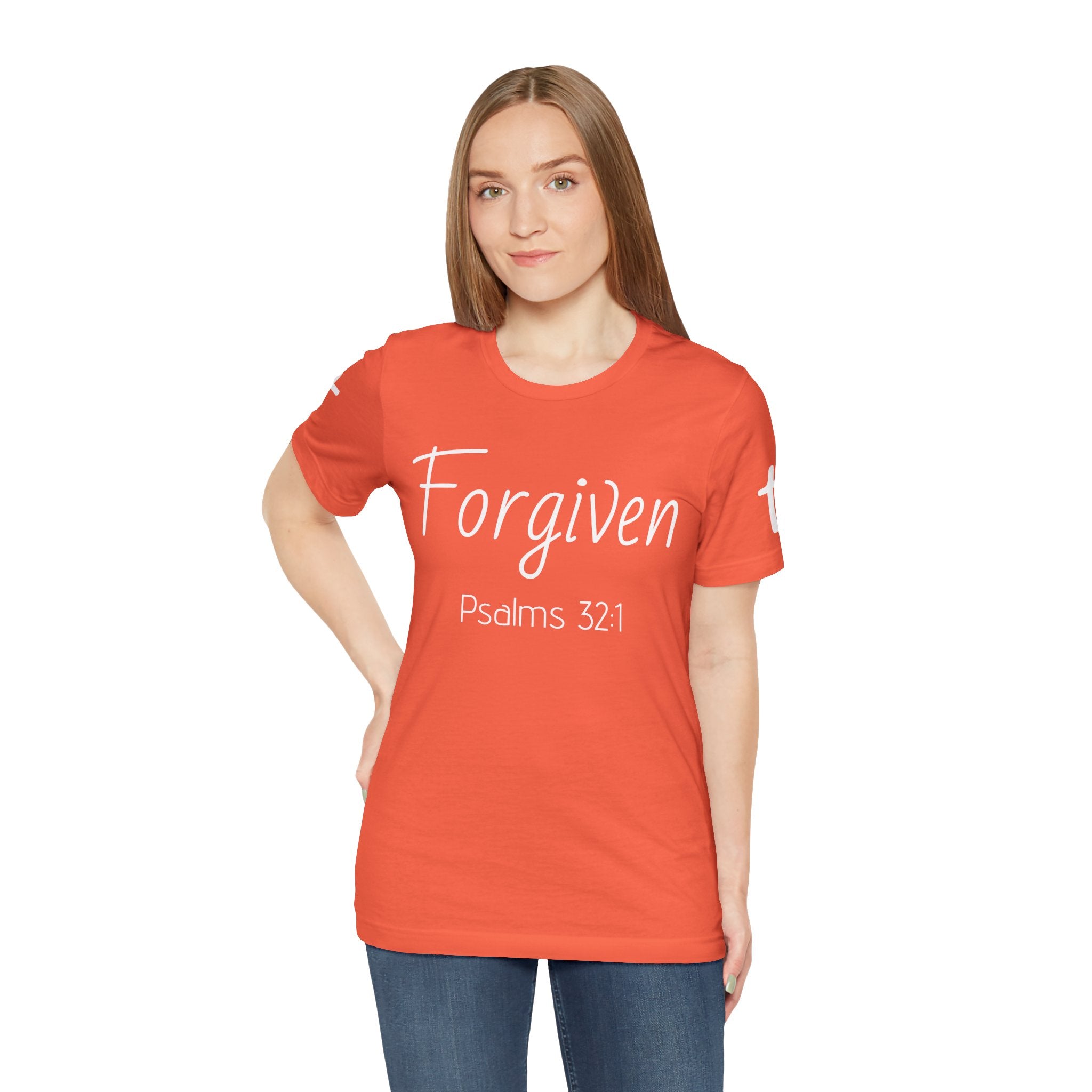 Forgiven Psalms 32:1 Tee | Christian Faith Shirt with Sleeve Cross