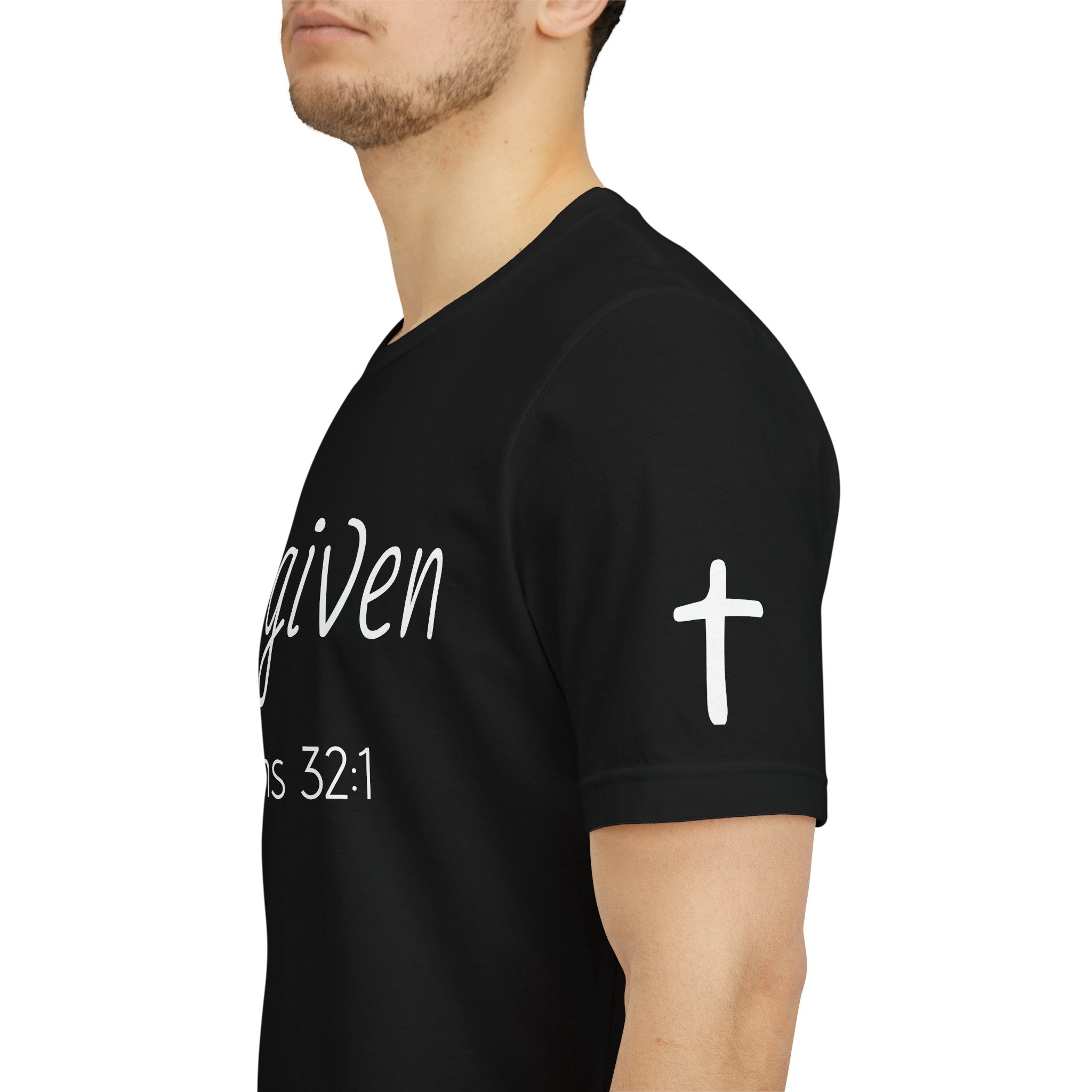 Forgiven Psalms 32:1 Tee | Christian Faith Shirt with Sleeve Cross