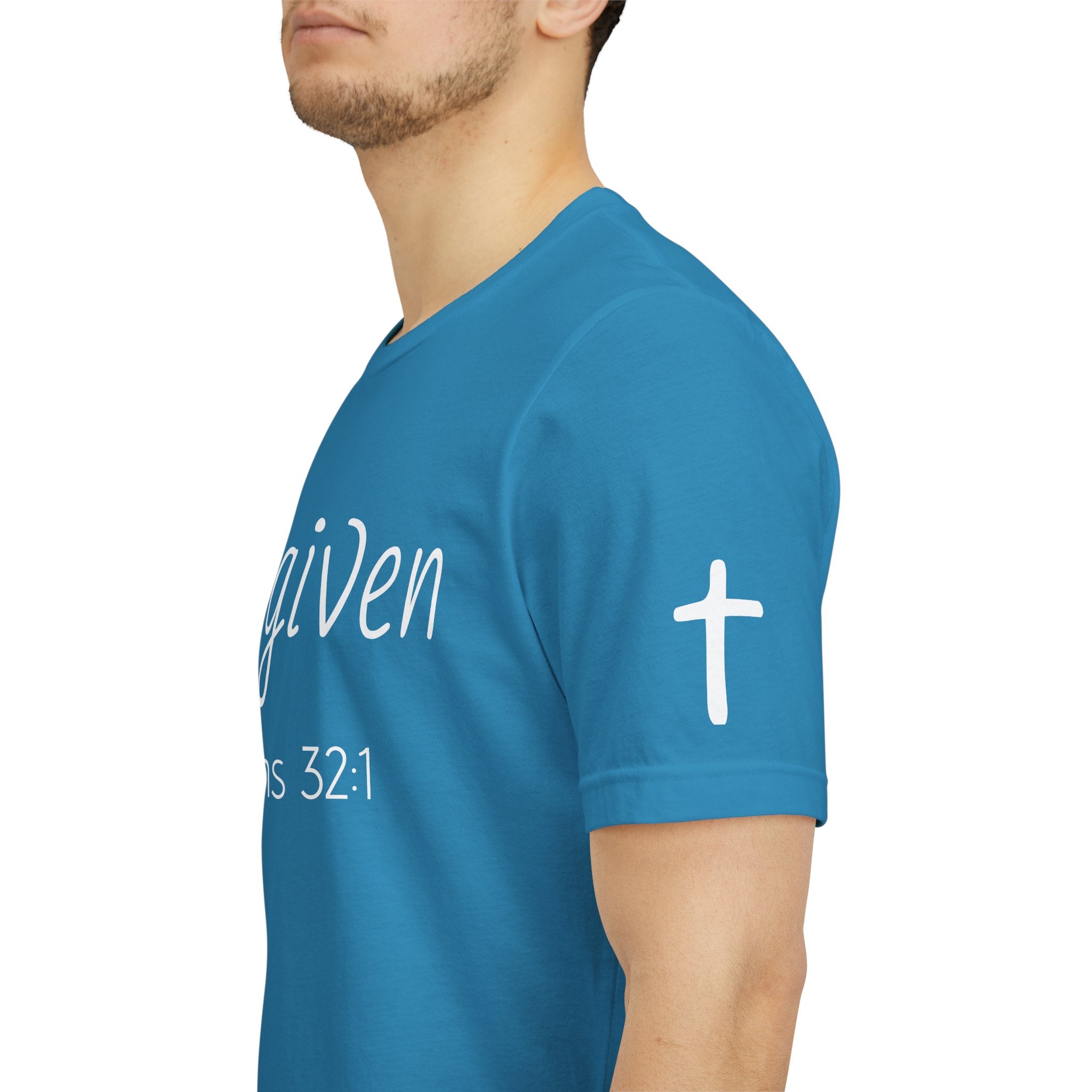 Forgiven Psalms 32:1 Tee | Christian Faith Shirt with Sleeve Cross