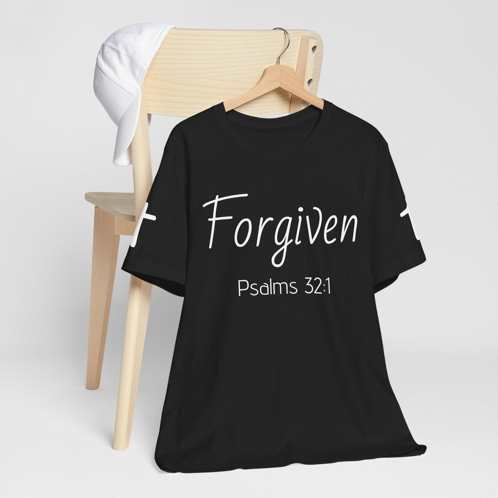 Forgiven Psalms 32:1 Tee | Christian Faith Shirt with Sleeve Cross