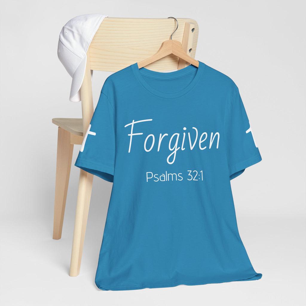 Forgiven Psalms 32:1 Tee | Christian Faith Shirt with Sleeve Cross