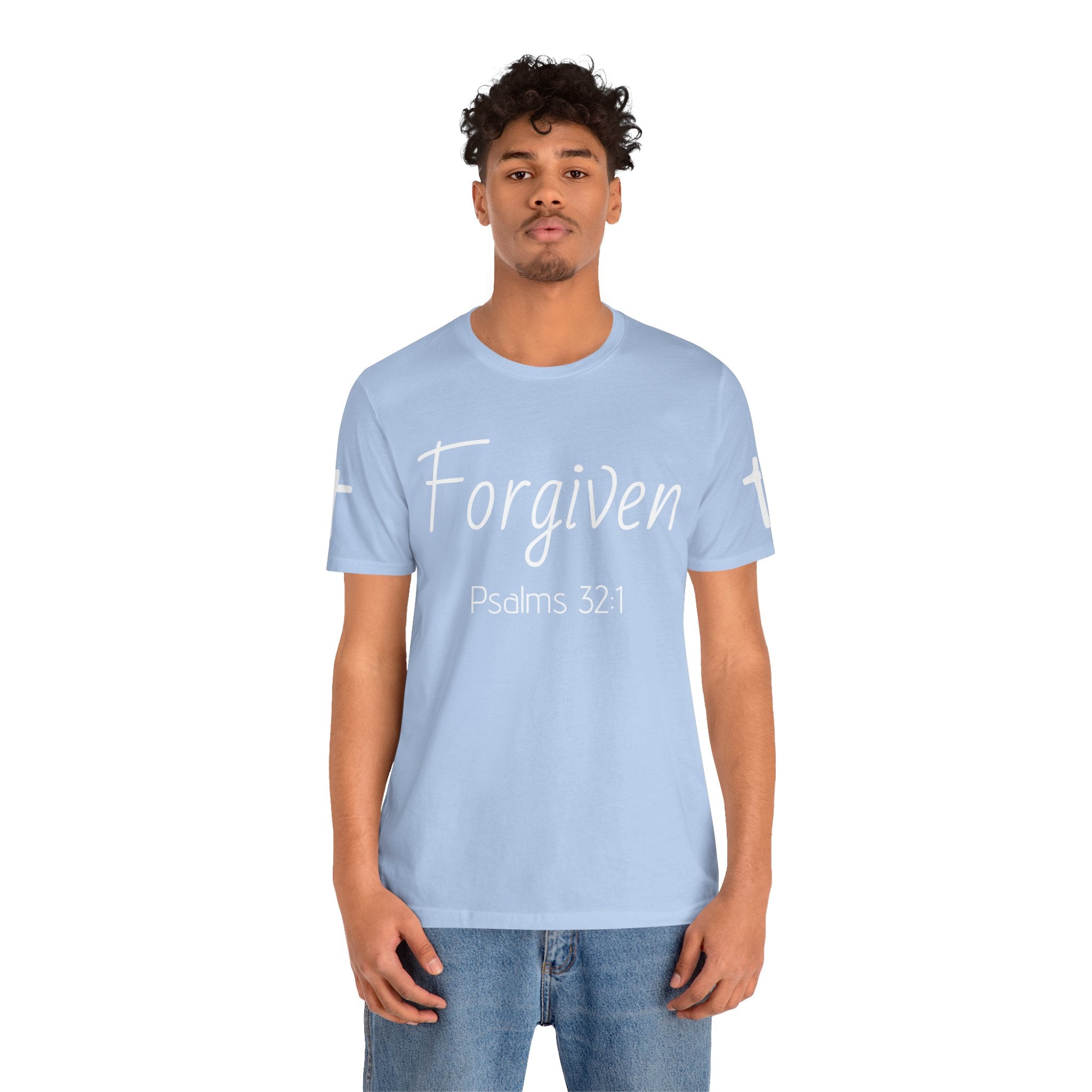 Forgiven Psalms 32:1 Tee | Christian Faith Shirt with Sleeve Cross