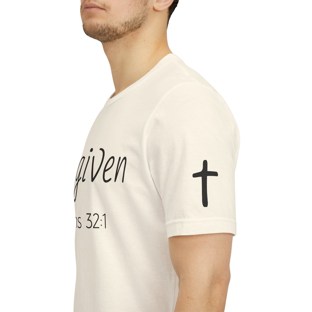 Forgiven Psalms 32:1 Tee | Christian Faith Shirt with Sleeve Cross