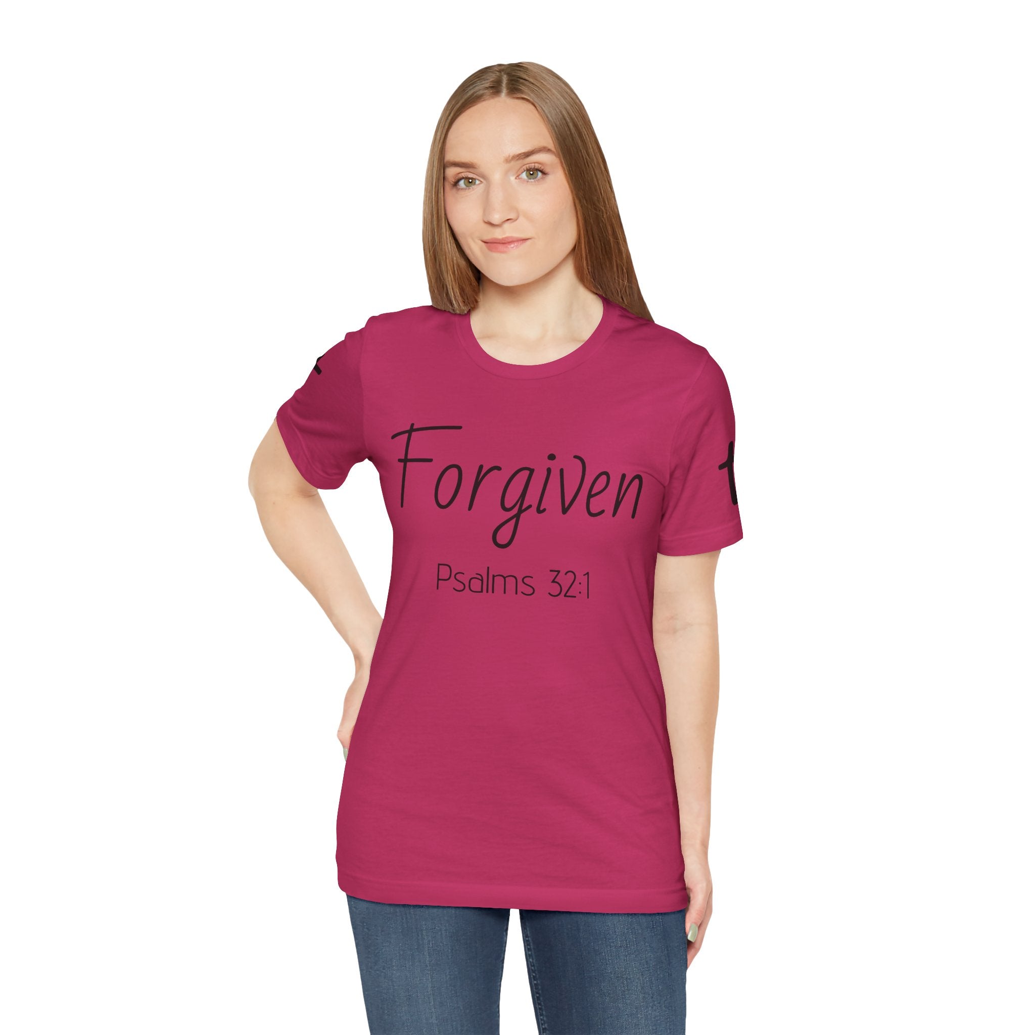 Forgiven Psalms 32:1 Tee | Christian Faith Shirt with Sleeve Cross