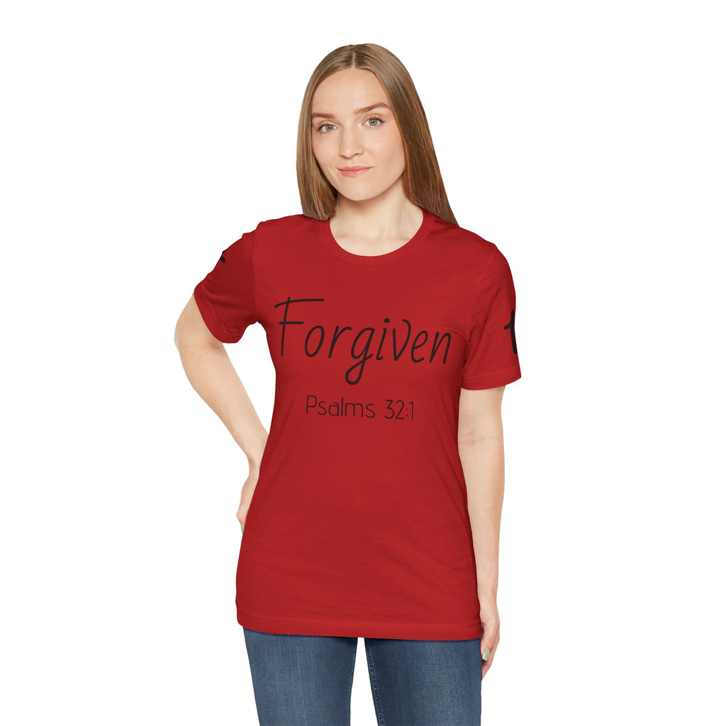 Forgiven Psalms 32:1 Tee | Christian Faith Shirt with Sleeve Cross