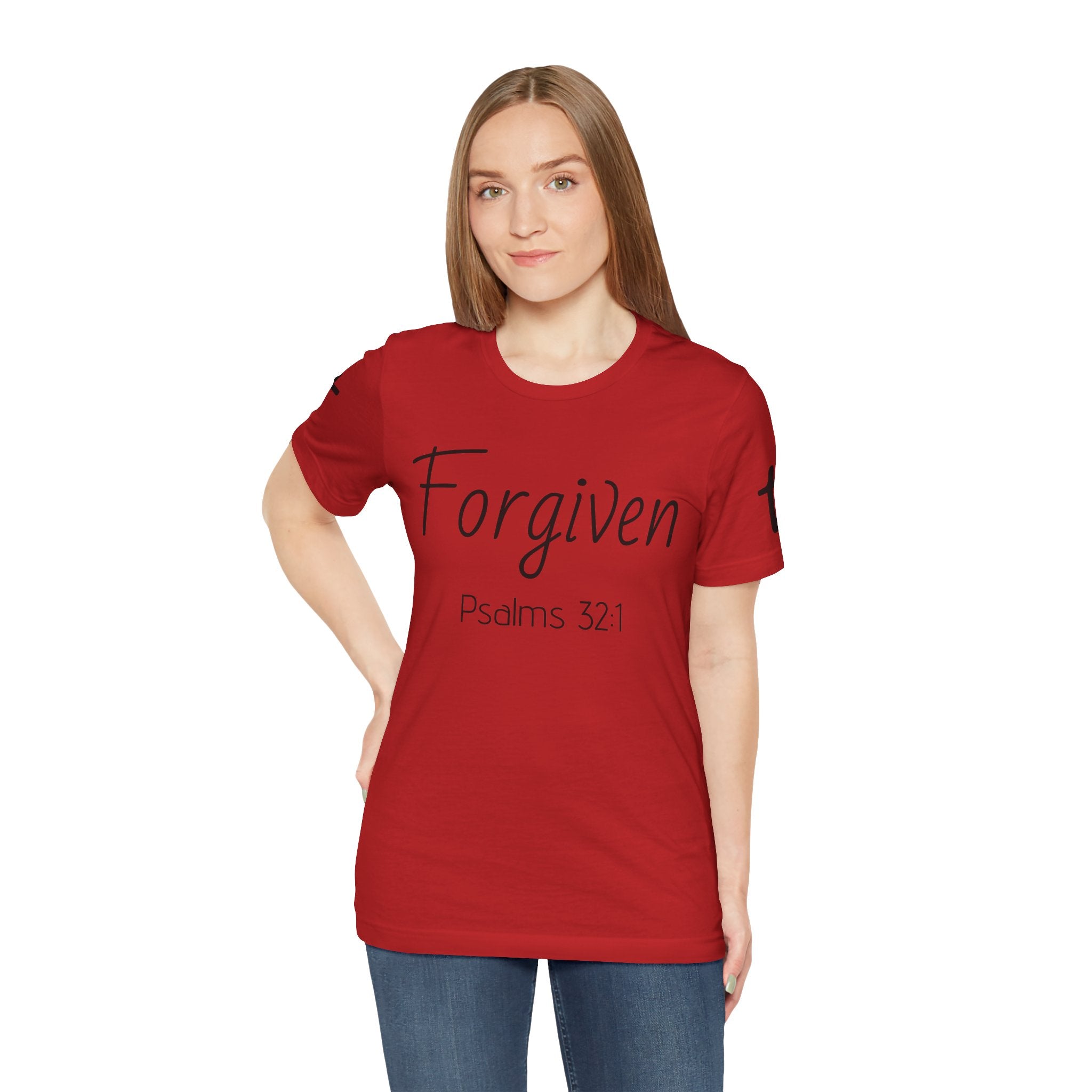 Forgiven Psalms 32:1 Tee | Christian Faith Shirt with Sleeve Cross