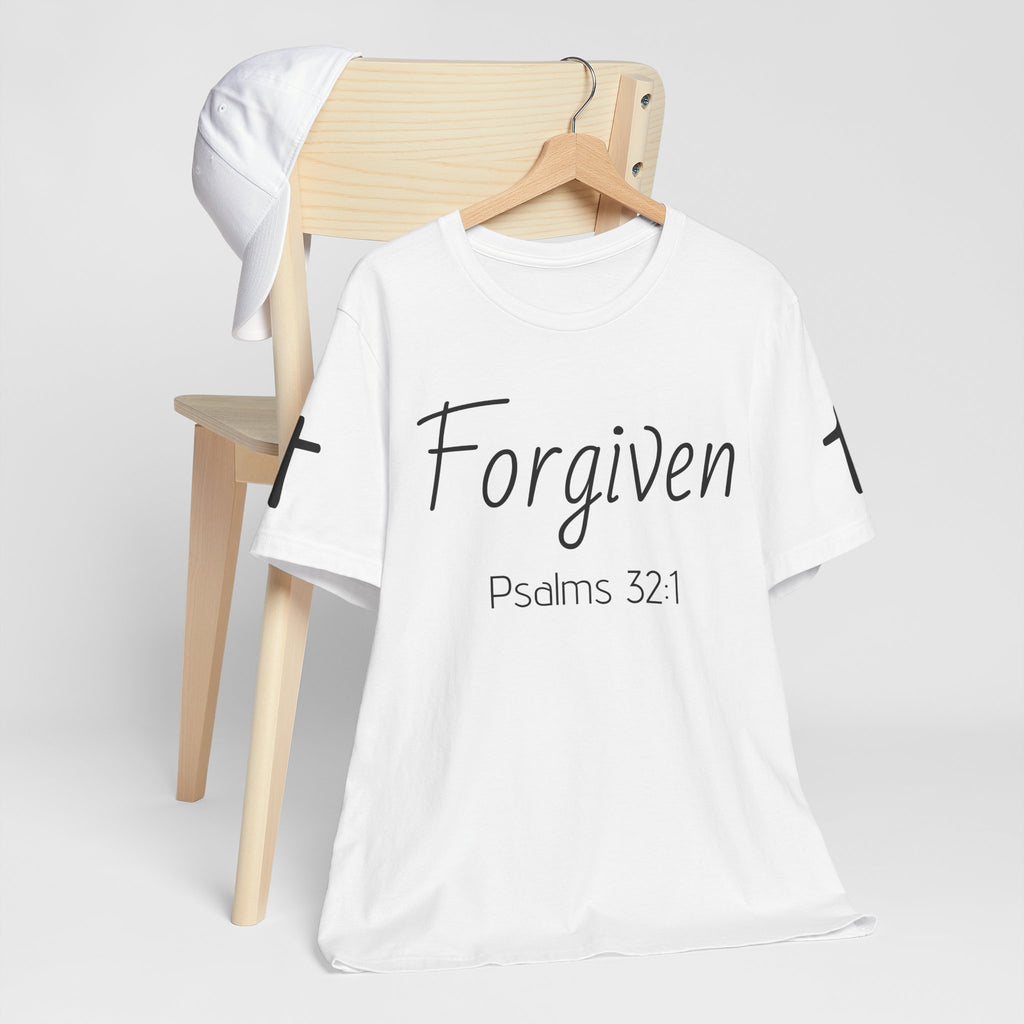 Forgiven Psalms 32:1 Tee | Christian Faith Shirt with Sleeve Cross