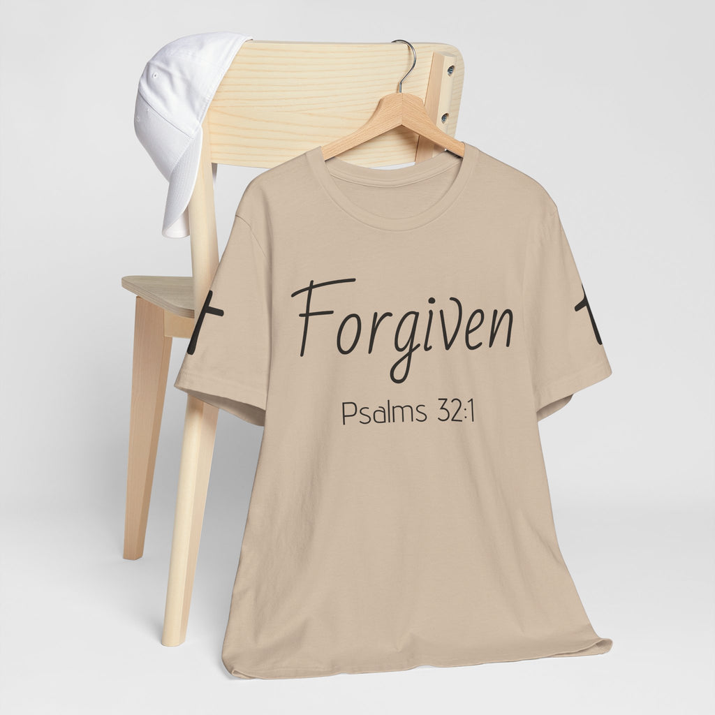 Forgiven Psalms 32:1 Tee | Christian Faith Shirt with Sleeve Cross