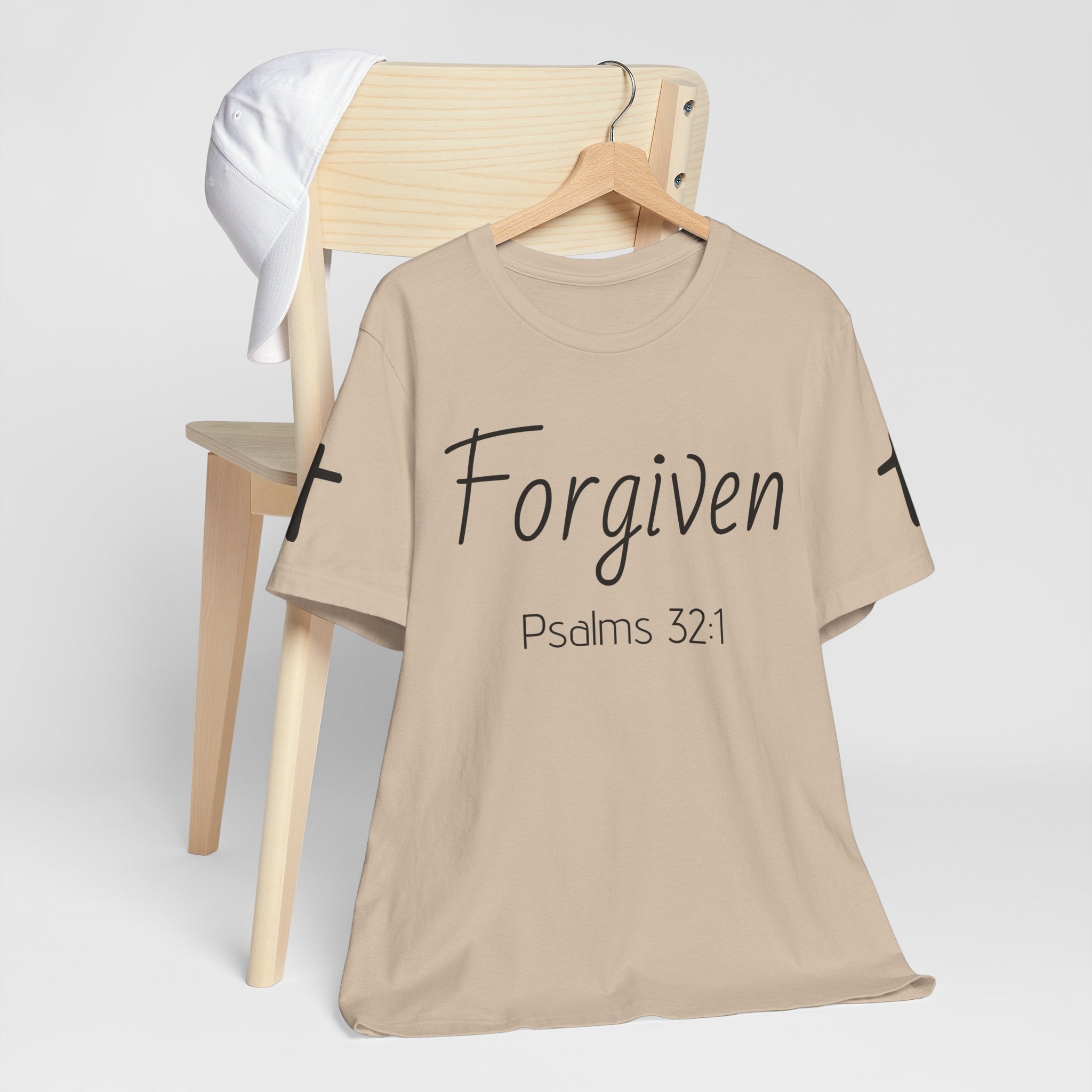 Forgiven Psalms 32:1 Tee | Christian Faith Shirt with Sleeve Cross