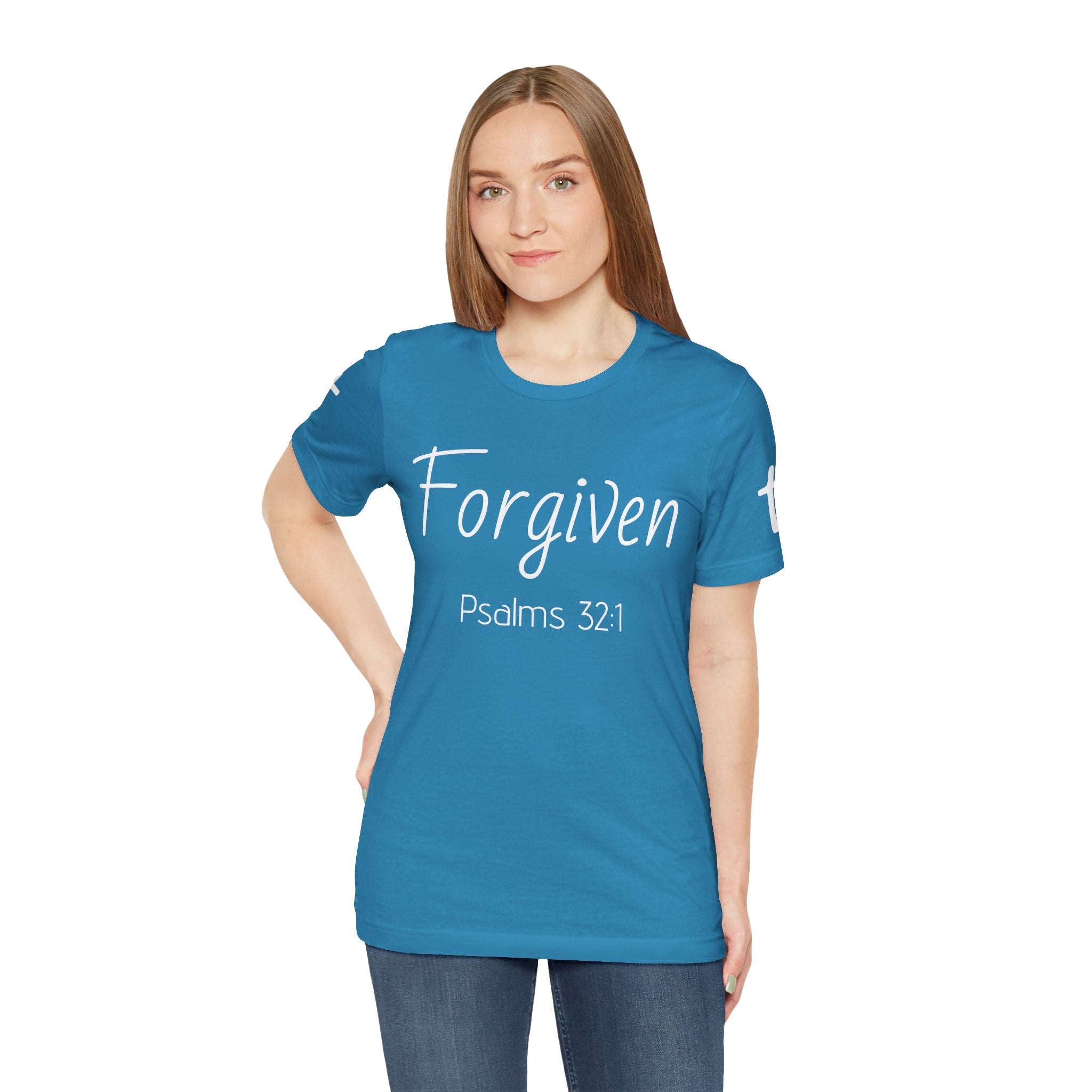 Forgiven Psalms 32:1 Tee | Christian Faith Shirt with Sleeve Cross