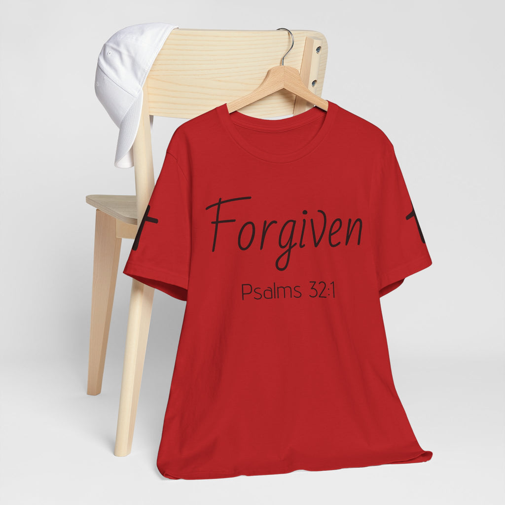 Forgiven Psalms 32:1 Tee | Christian Faith Shirt with Sleeve Cross