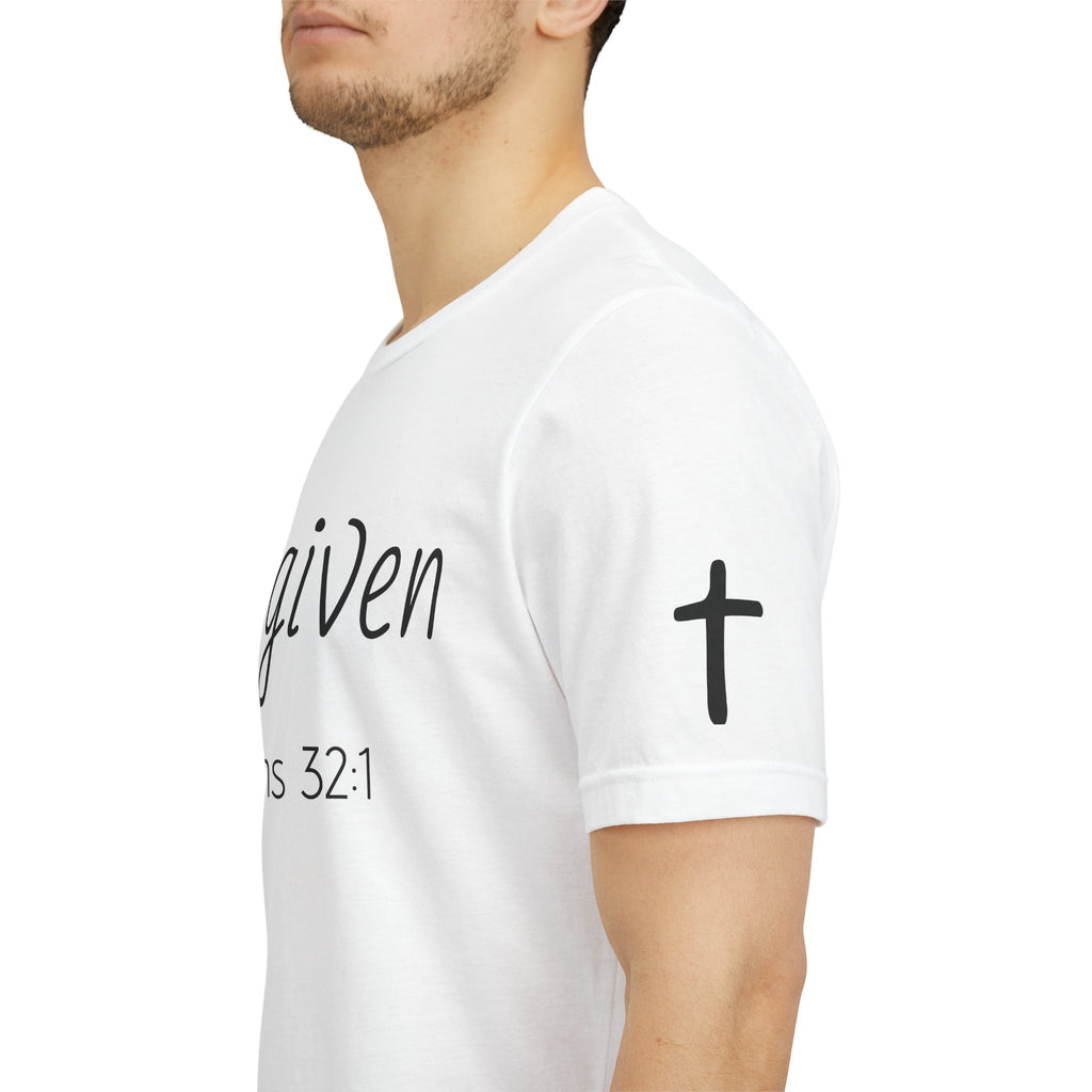 Forgiven Psalms 32:1 Tee | Christian Faith Shirt with Sleeve Cross