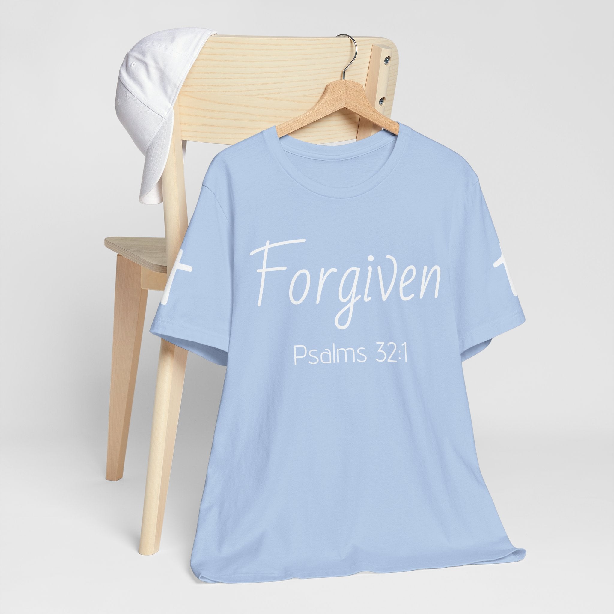 Forgiven Psalms 32:1 Tee | Christian Faith Shirt with Sleeve Cross